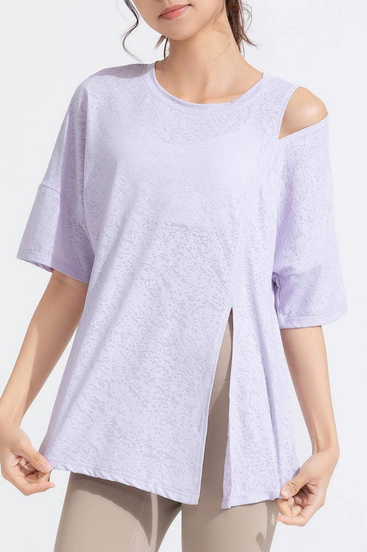 CWTBLS1470_JACQUARD CUTOUT SHORT SLEEVE RUNNING TOP