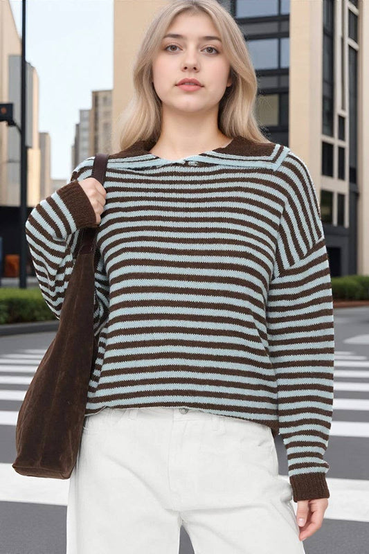 CWOSWL07753_2025 CASUAL STRIPED CREWNECK LOOSE KNIT SWEATER