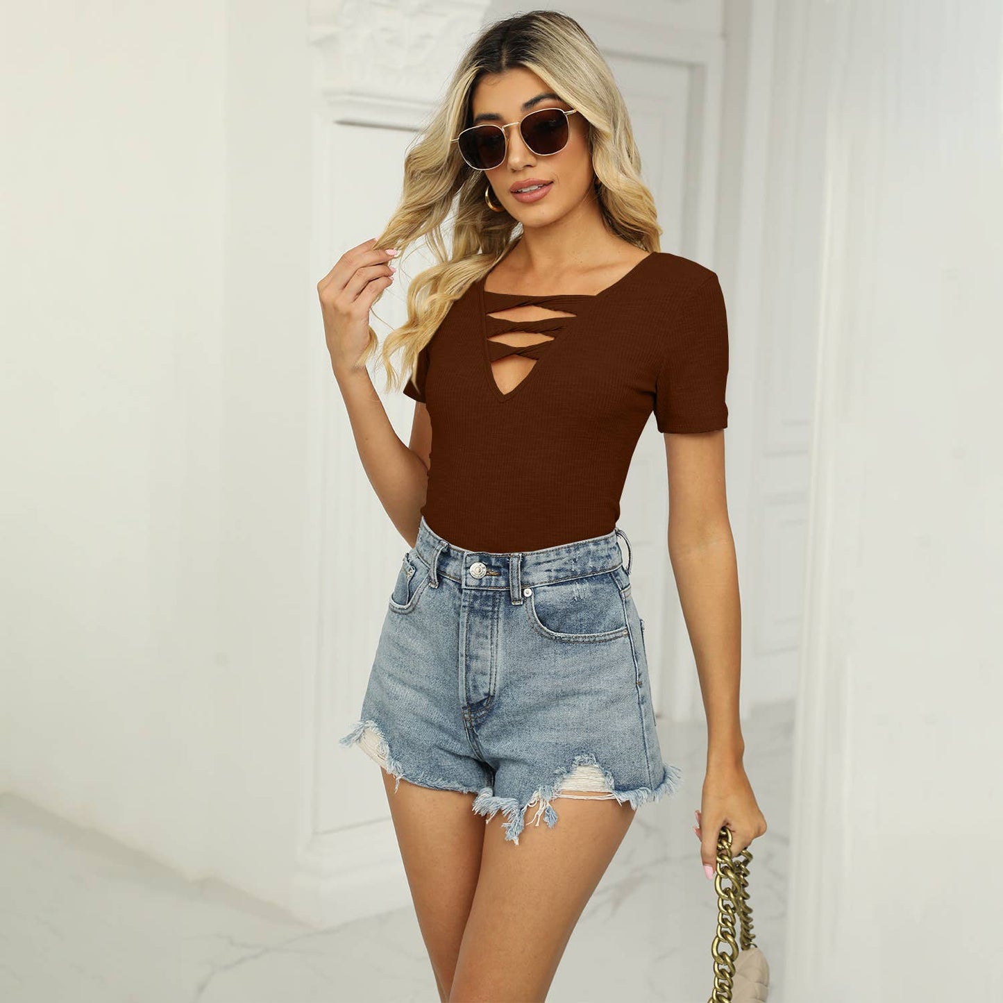 CHEST HOLLOW CASUAL SLIM SHORT SLEEVE TOP
