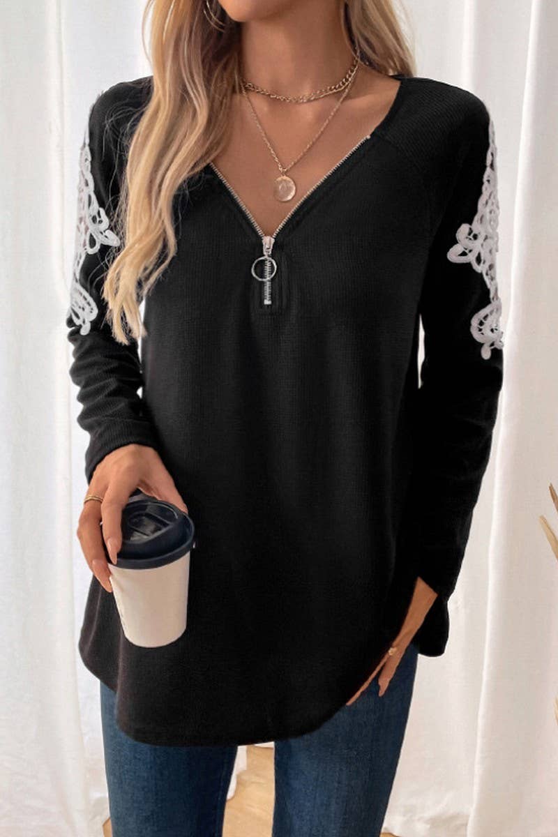 CWTBLL2034_V-NECK LACE PANEL LONG-SLEEVED T-SHIRT TOP