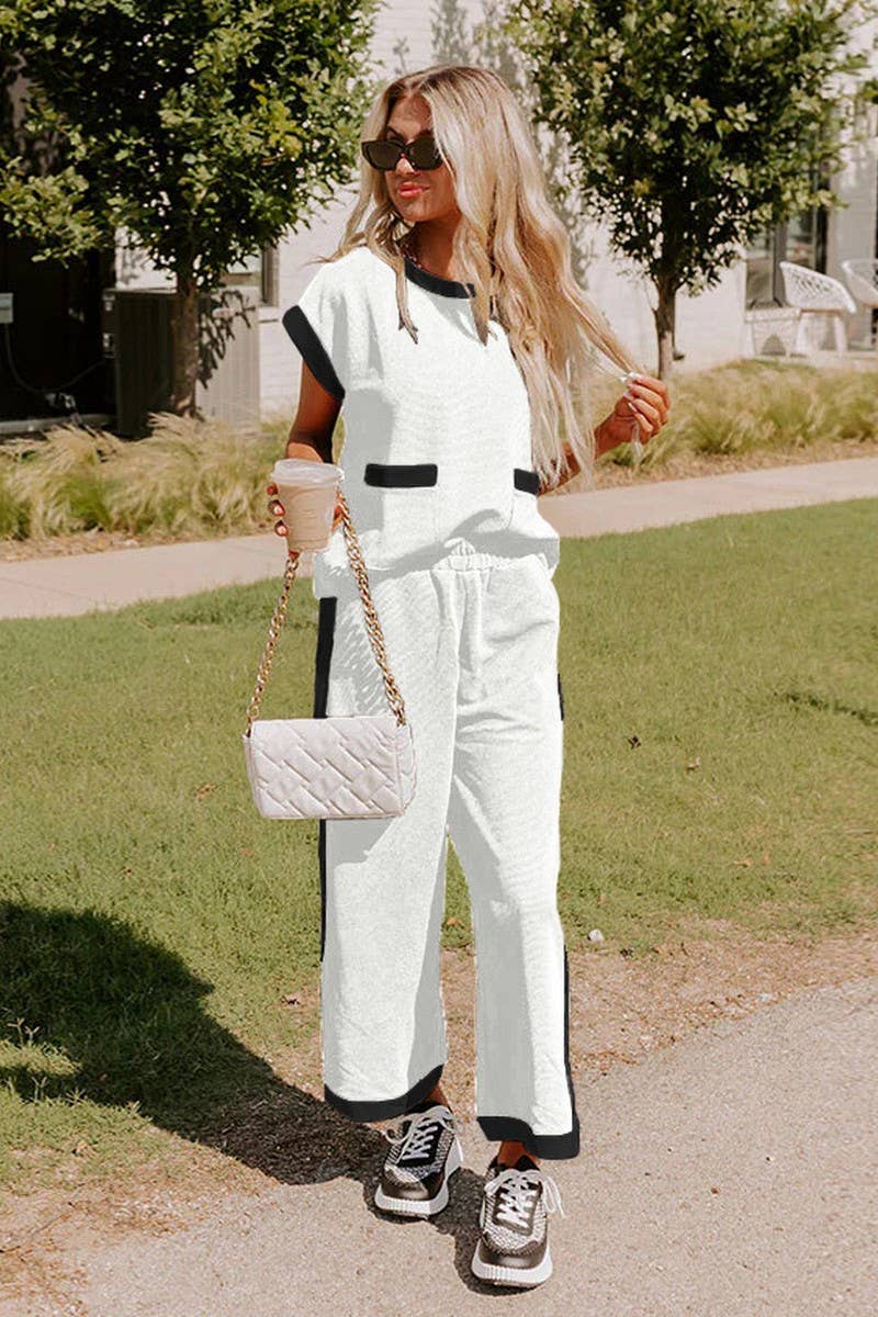 CWSTB1672_CONTRAST COLOR CREW NECK STRAIGHT PANTS SUIT