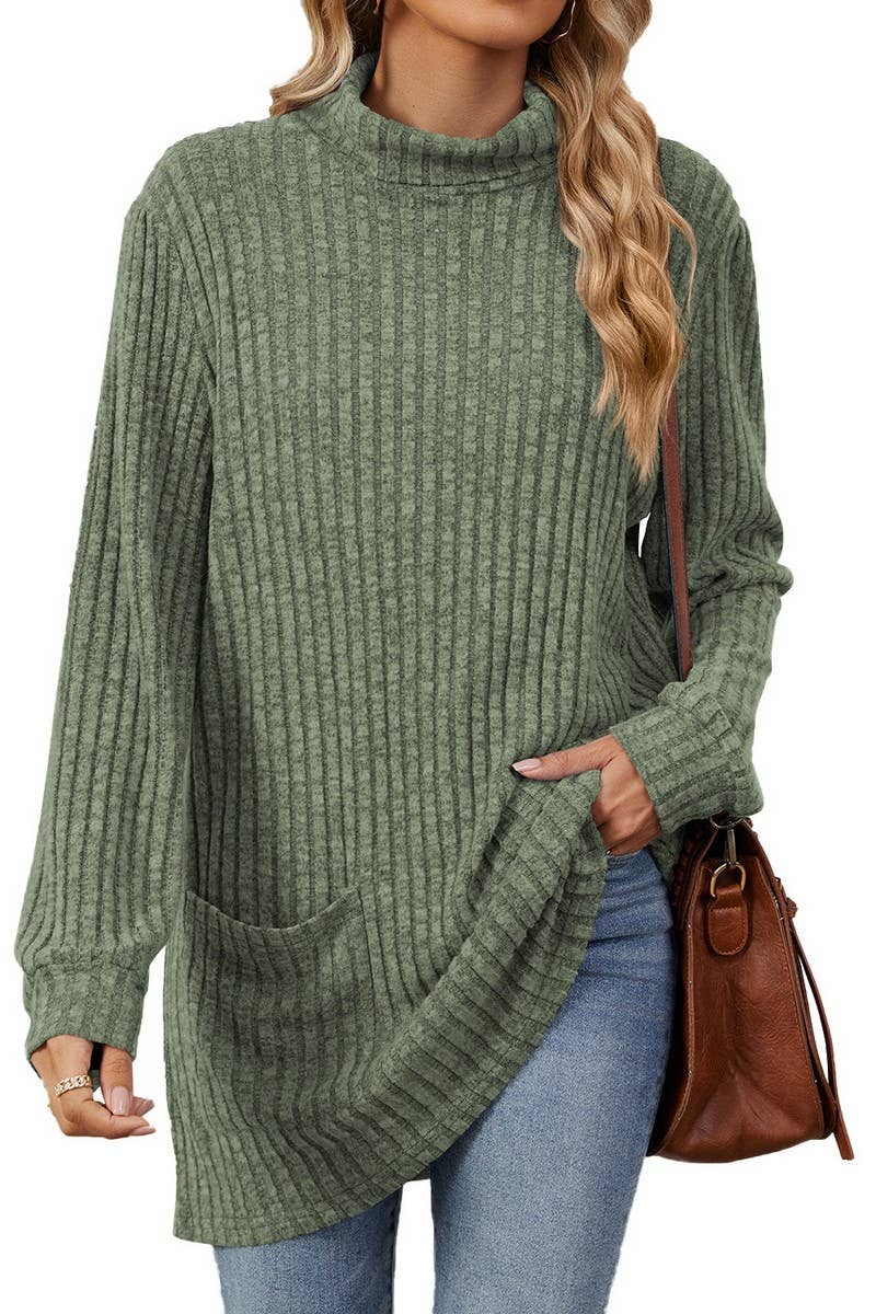 CWTBLL1200_SOLID COLOR RIBBED HALF TURTLENECK POCKET TOP