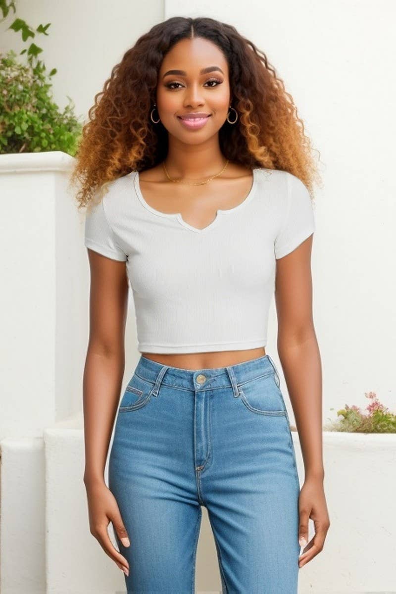 CWTBLS1838_RIBBED NAVEL-EXPOSED V-NECK SHORT SLEEVE TOP