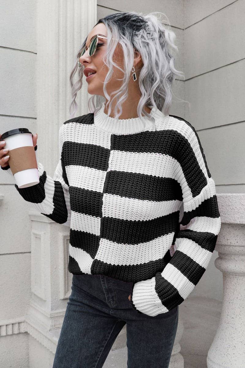 CWOSWL4084_STRIPED LONG-SLEEVED CREW NECK KNITTED SWEATER