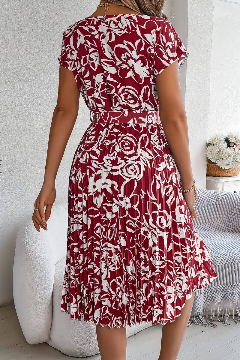 CWDMD2665_SUMMER FLOWER SHORT SLEEVE PLEATED DRESS