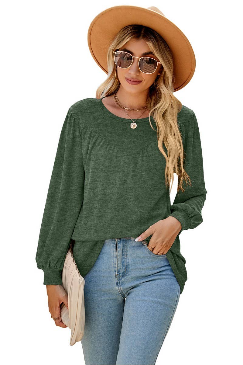 CWTBLL3690_LOOSE CREW NECK CASUAL PLEATED TOP