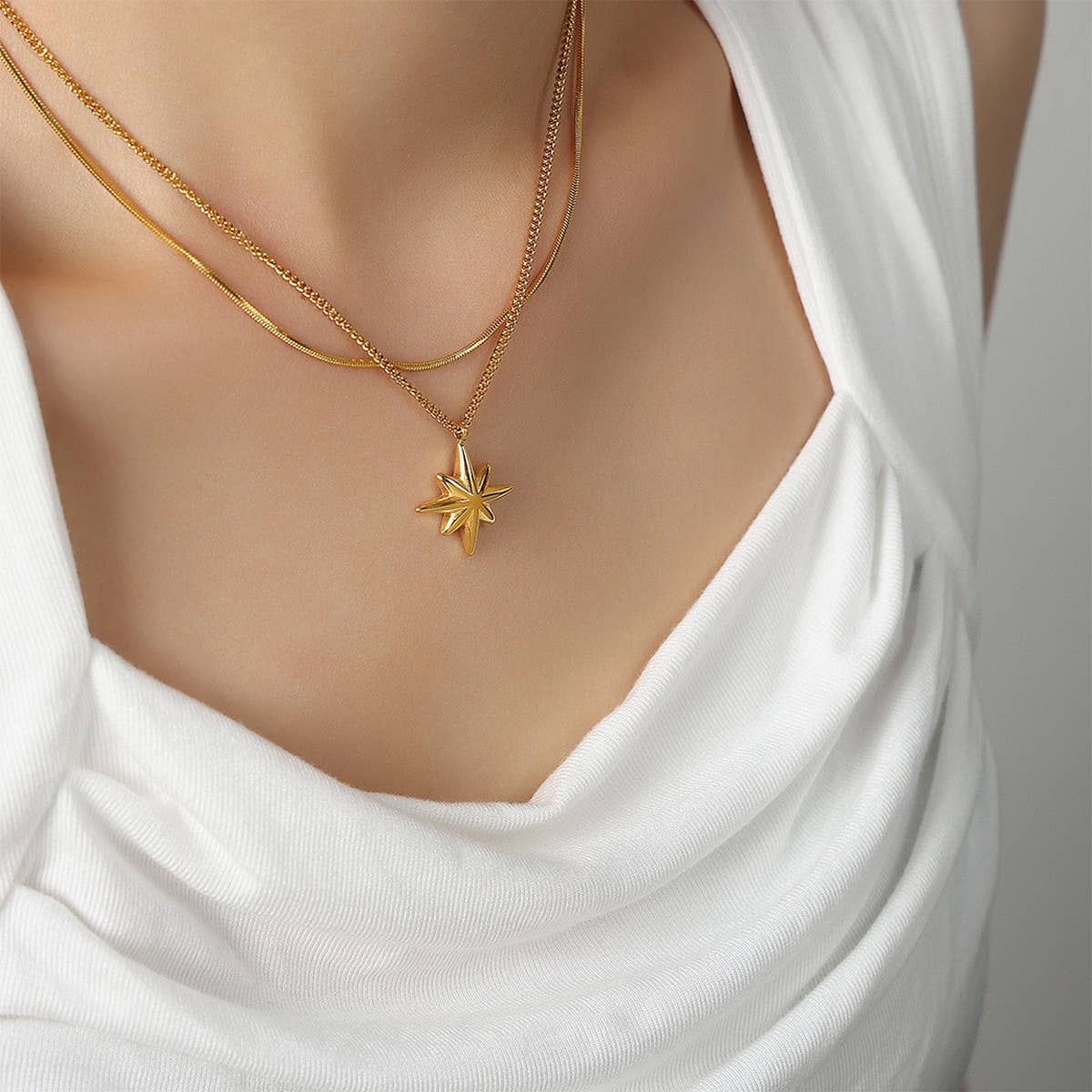 EIGHT POINTED STAR PENDANT DOUBLE LAYERED NECKLACE