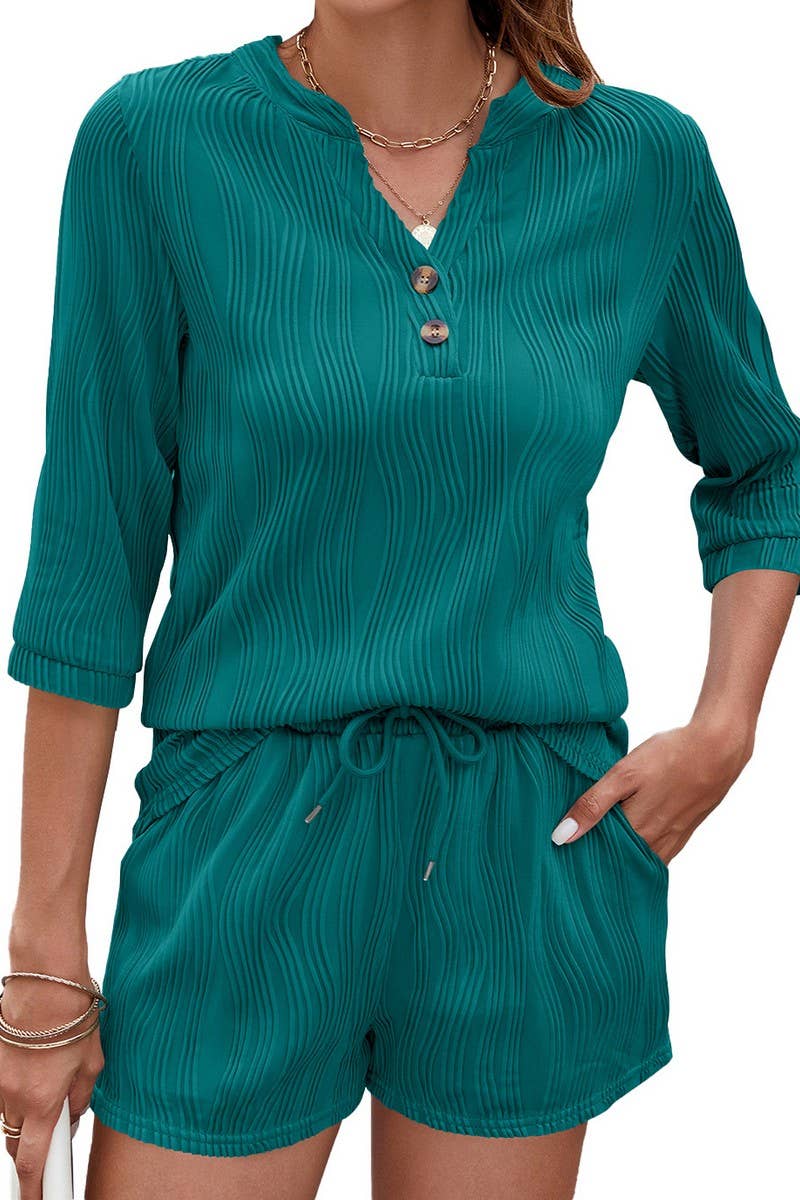 CWSS1096_SPRING AND SUMMER SOLID COLOR V-NECK LOOSE SUIT