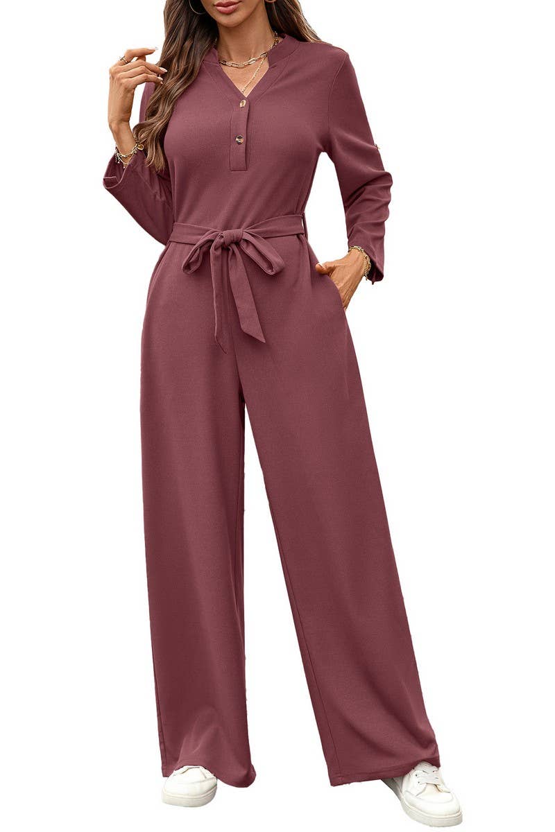 CWSJS00303_SOLID HIGH WAIST TIE BUTTON LONG SLEEVE JUMPSUIT