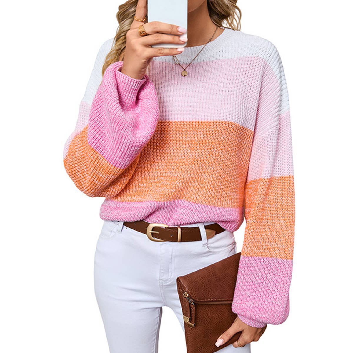 COLOR CONTRAST PATCHWORK LOOSE CREW NECK SWEATER