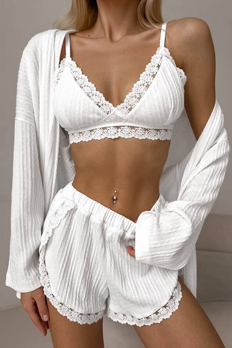 CWSPJ0313_WHITE KNITTED LACE PAJAMAS TWO-PIECE SET