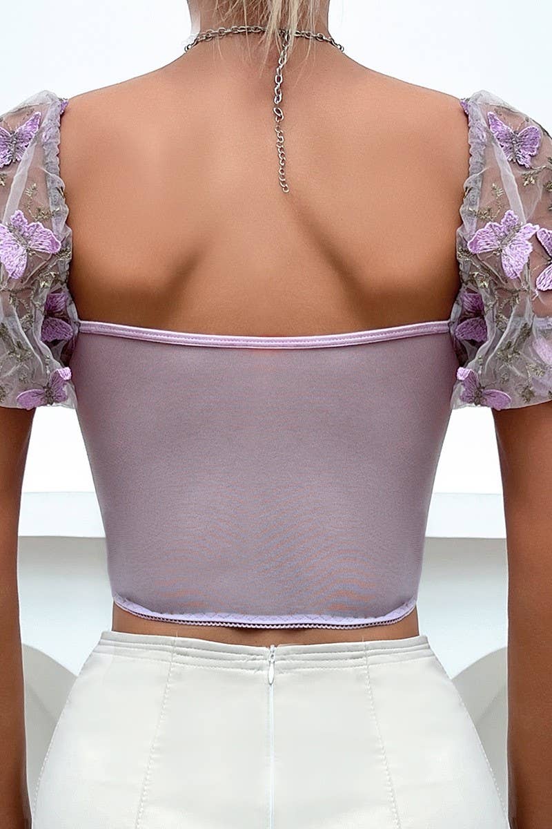 CWTBLS0491_DEEP V-NECK SHORT SLEEVE SEXY MESH PRINT TOP