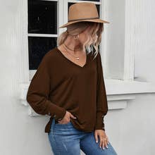 CASUAL V-NECK SOLID COLOR LONG SLEEVE T-SHIRT