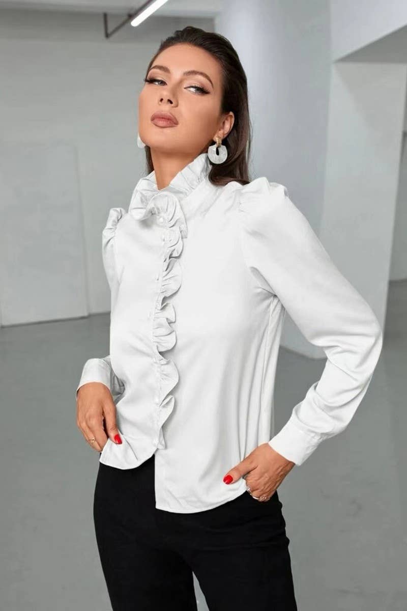 CWTBLS2041_SOLID COLOR RUFFLED LONG SLEEVE BLOUSE