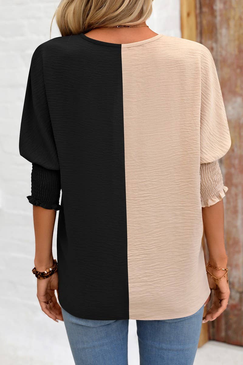 CWTBLS1501_COLORBLOCKED COLLAR LOOSE-FITTING BAT-SLEEVE TOP
