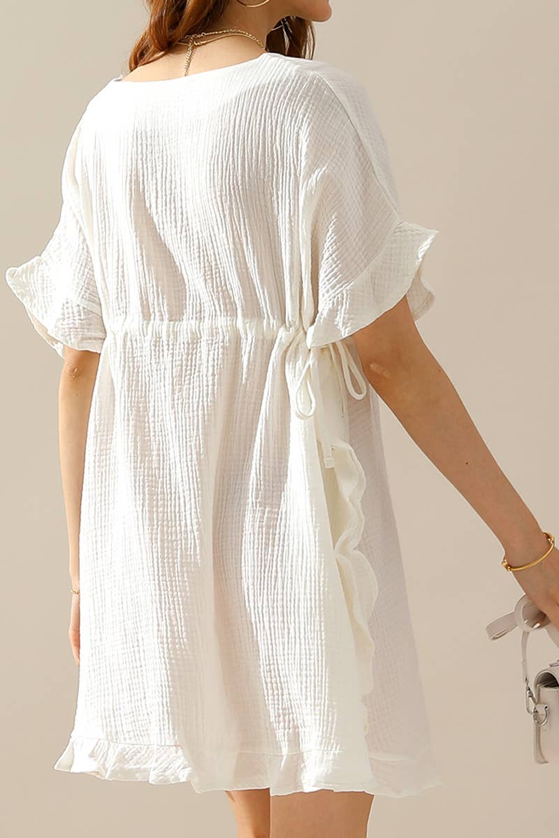 CWDSD10360_DRAWSTRING WAIST SOFT COTTON RUFFLE HEM DRESS
