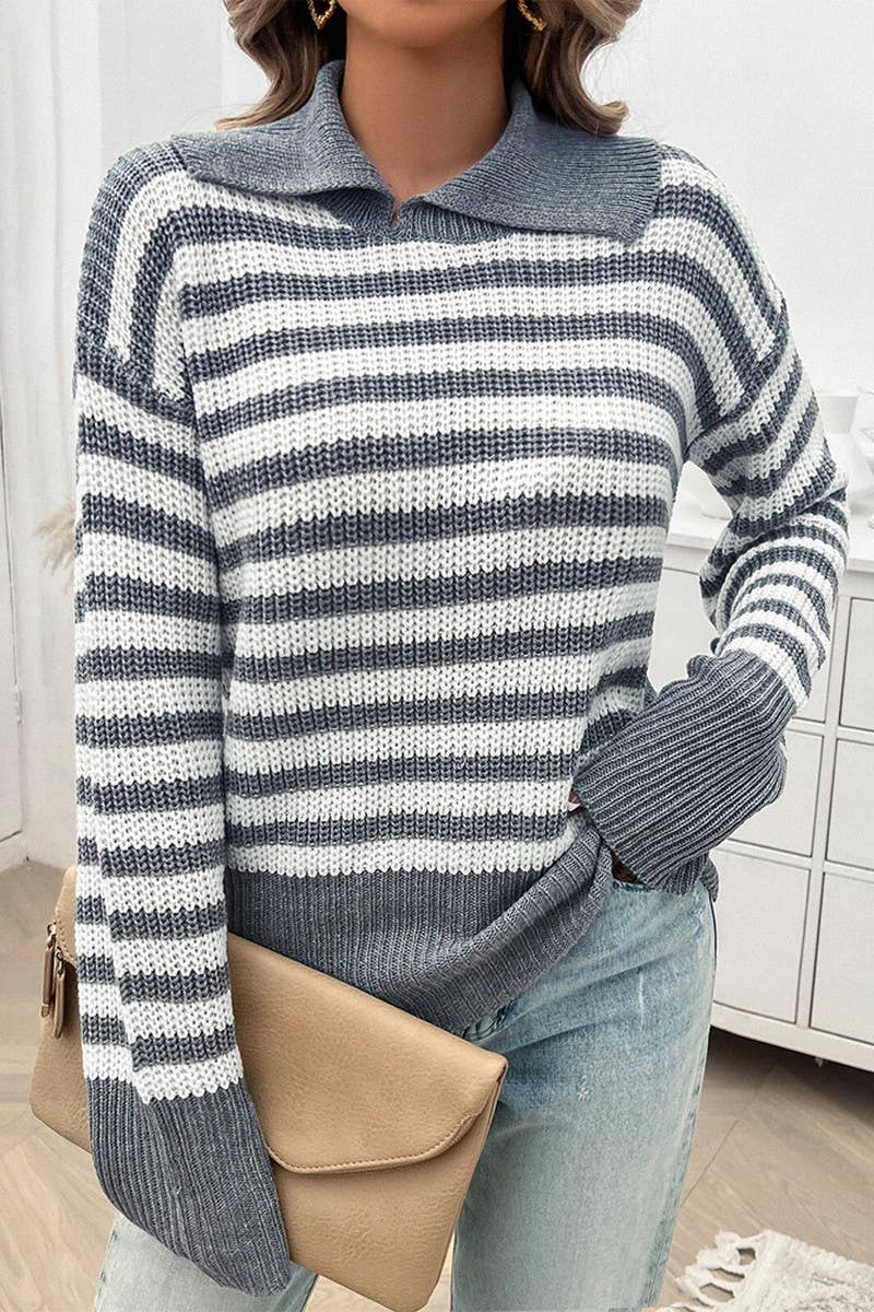 CWOSWL6817_CASUAL LOOSE LAPEL STRIPED LONG SLEEVE SWEATER