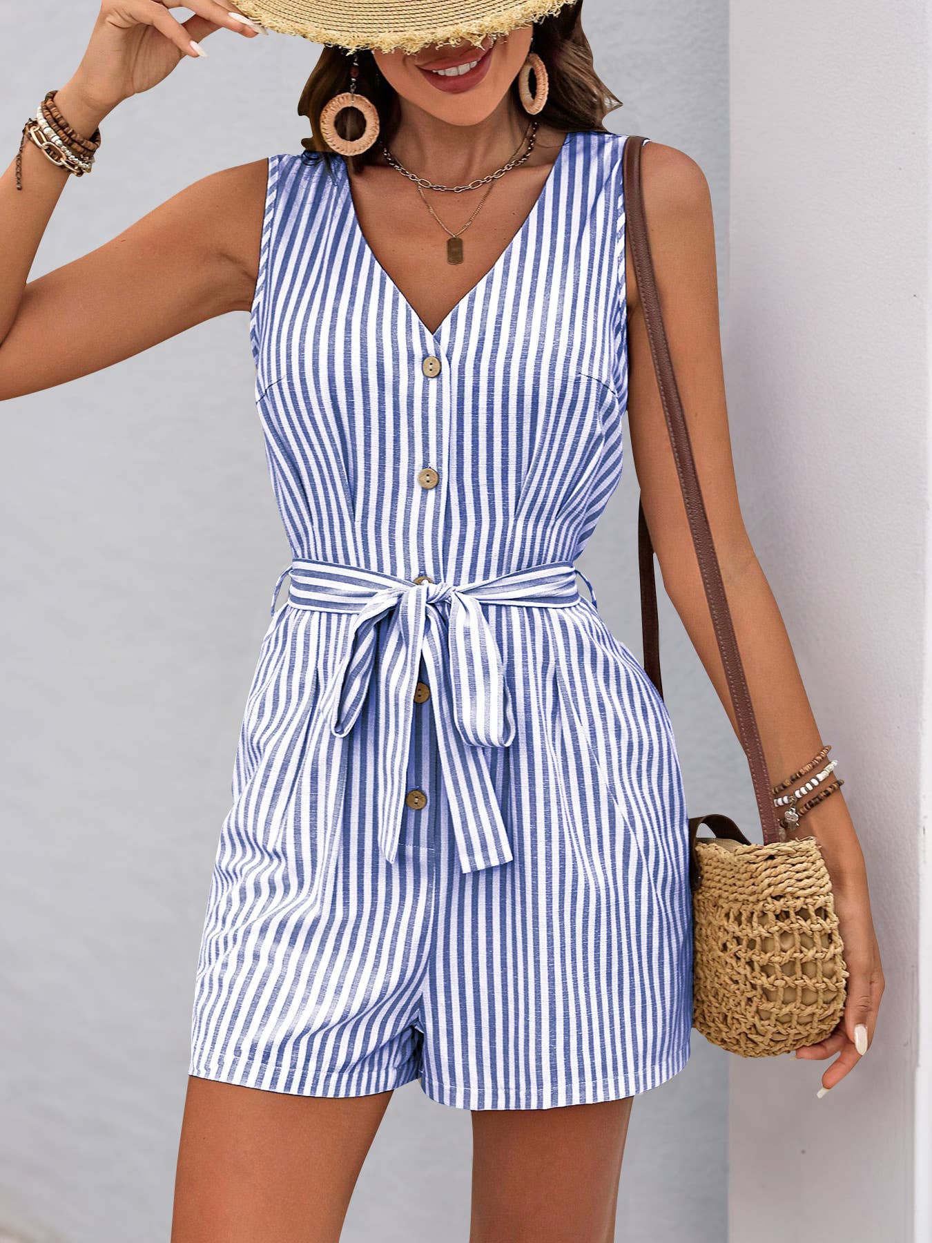 Design sense V-neck sleeveless striped romper