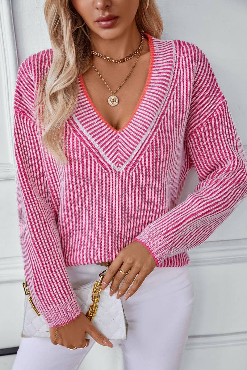 CWOSWL2834_V-NECK STRIPED CASUAL PULLOVER KNIT TOP