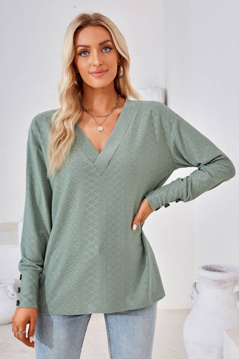 CWTBLL2806_SOLID COLOR V-NECK LONG SLEEVE BUTTON-UP TOP