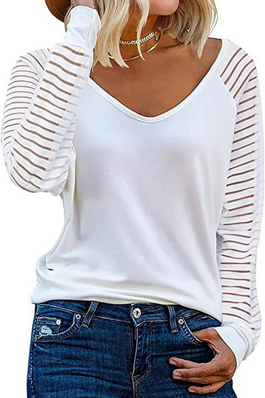 CWTTL00995_SPRING AND AUTUMN STRIPED V-NECK TOP