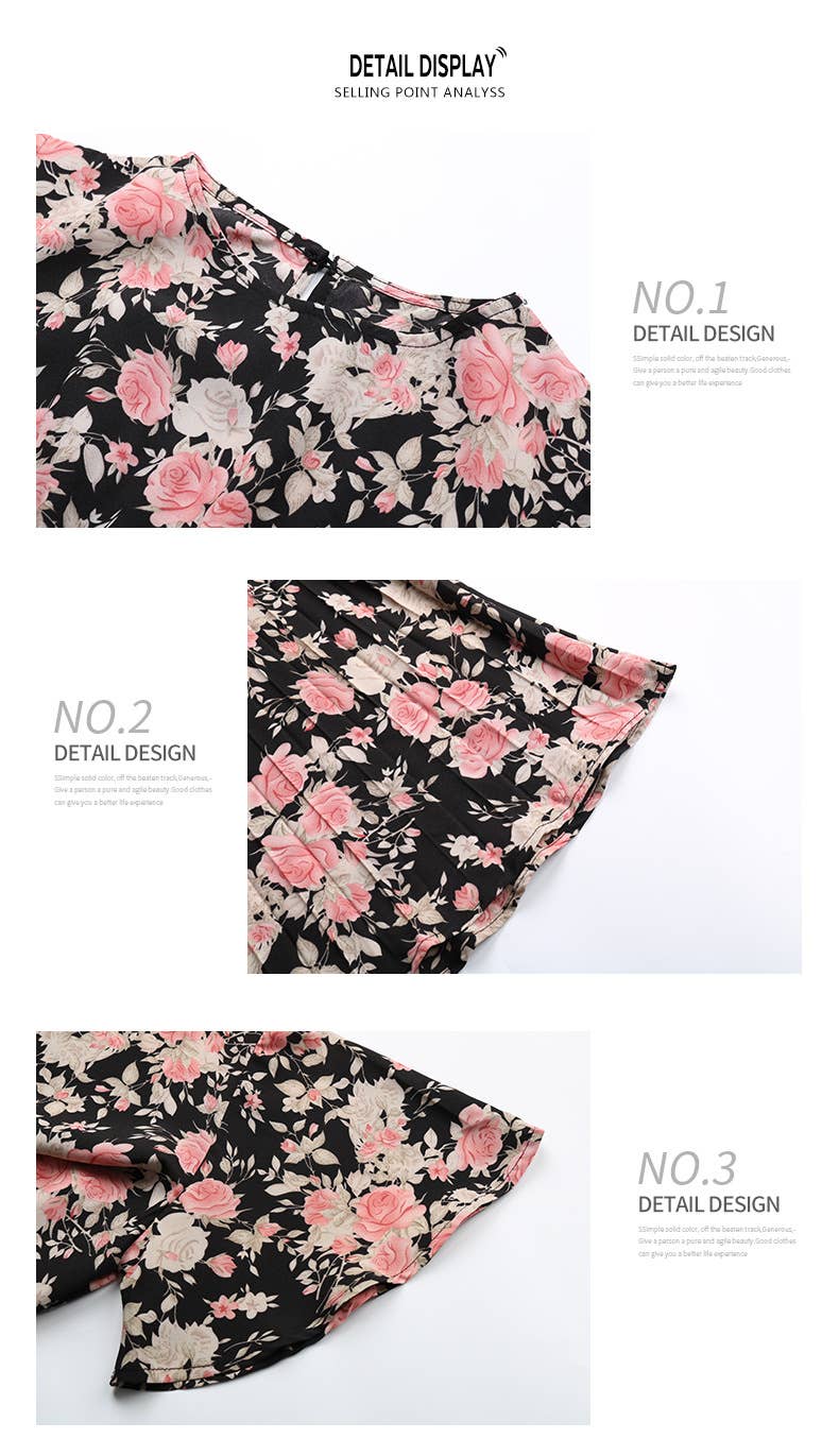 FLORAL CREW NECK LACE-UP PLEATED DRESS