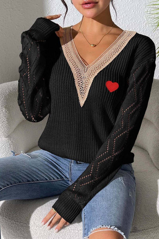 CWTTT00021_WOMEN V-NECK  PATCHWORK HEART KNIT SWEATER