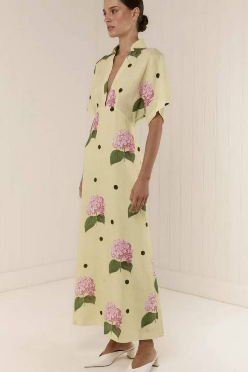 CWDMD6032_V-NECK STYLISH PRINTED WAIST TIE MAXI DRESS