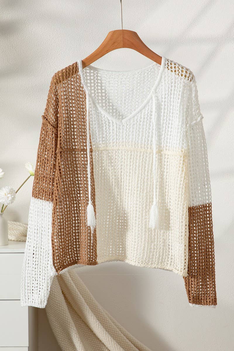 CWOSWL07429_V NECK COLORBLOCK HOLLOW OUT KNIT SWEATER
