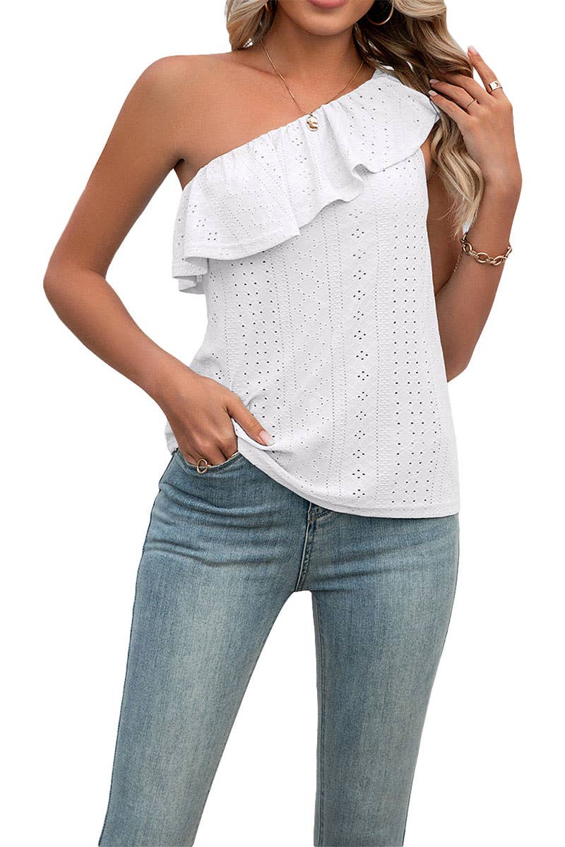 CWTBLSL0103_One Shoulder Ruffle Detailed Sleeveless Top