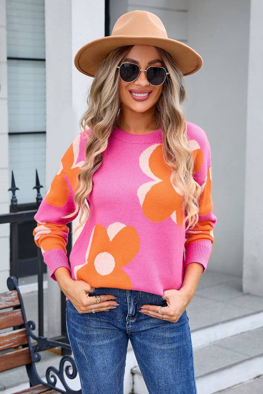 CWOSWL3067_LARGE FLOWER PRINT CREW NECK KNITTED SWEATER