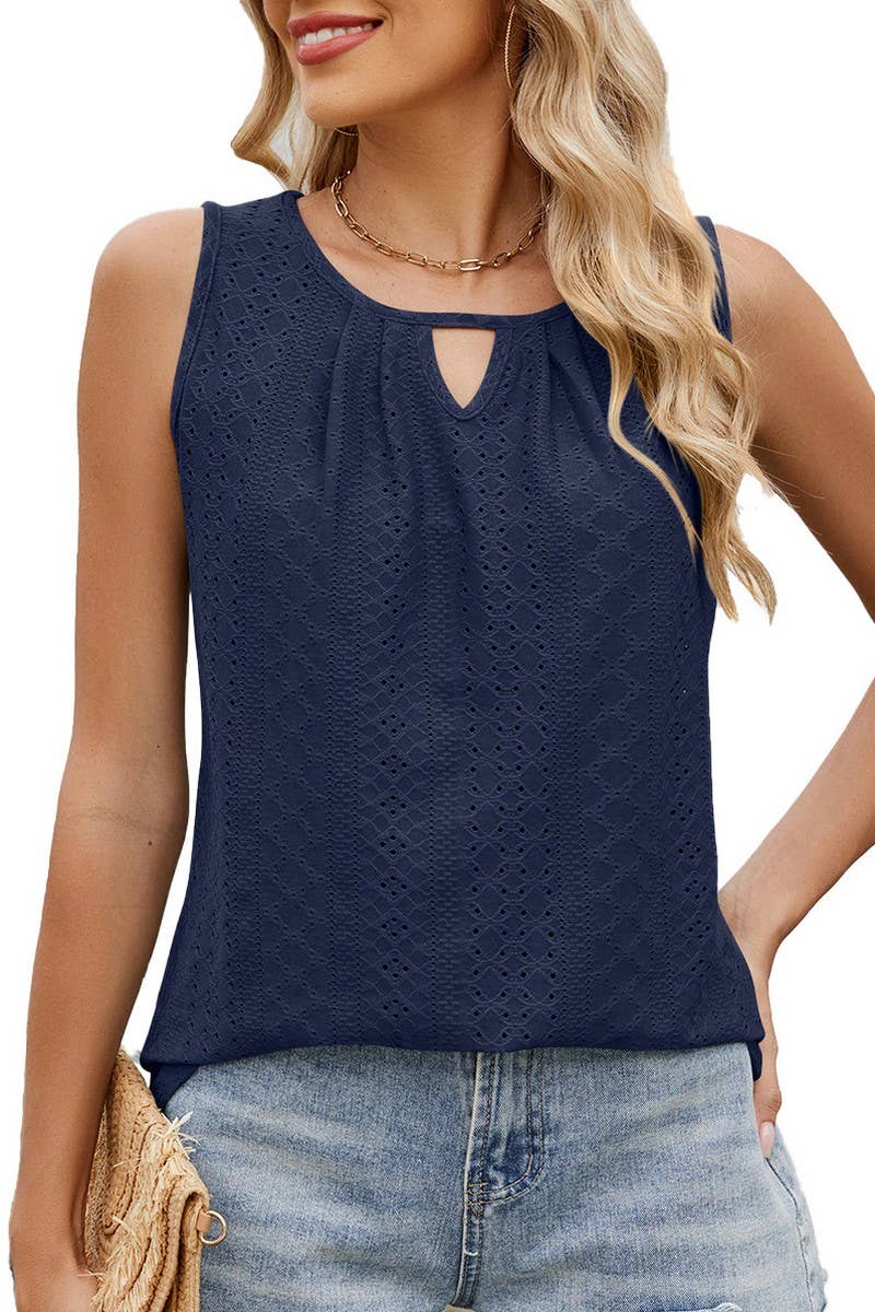 CWTBLSL0679_ROUND NECK CUTOUT PLEATED SLEEVELESS T-SHIRT TOP