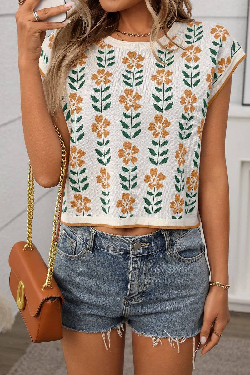 CWTBLS1714_NAVEL-BARING COLOR-BLOCK KNITTED FLOWER SWEATER