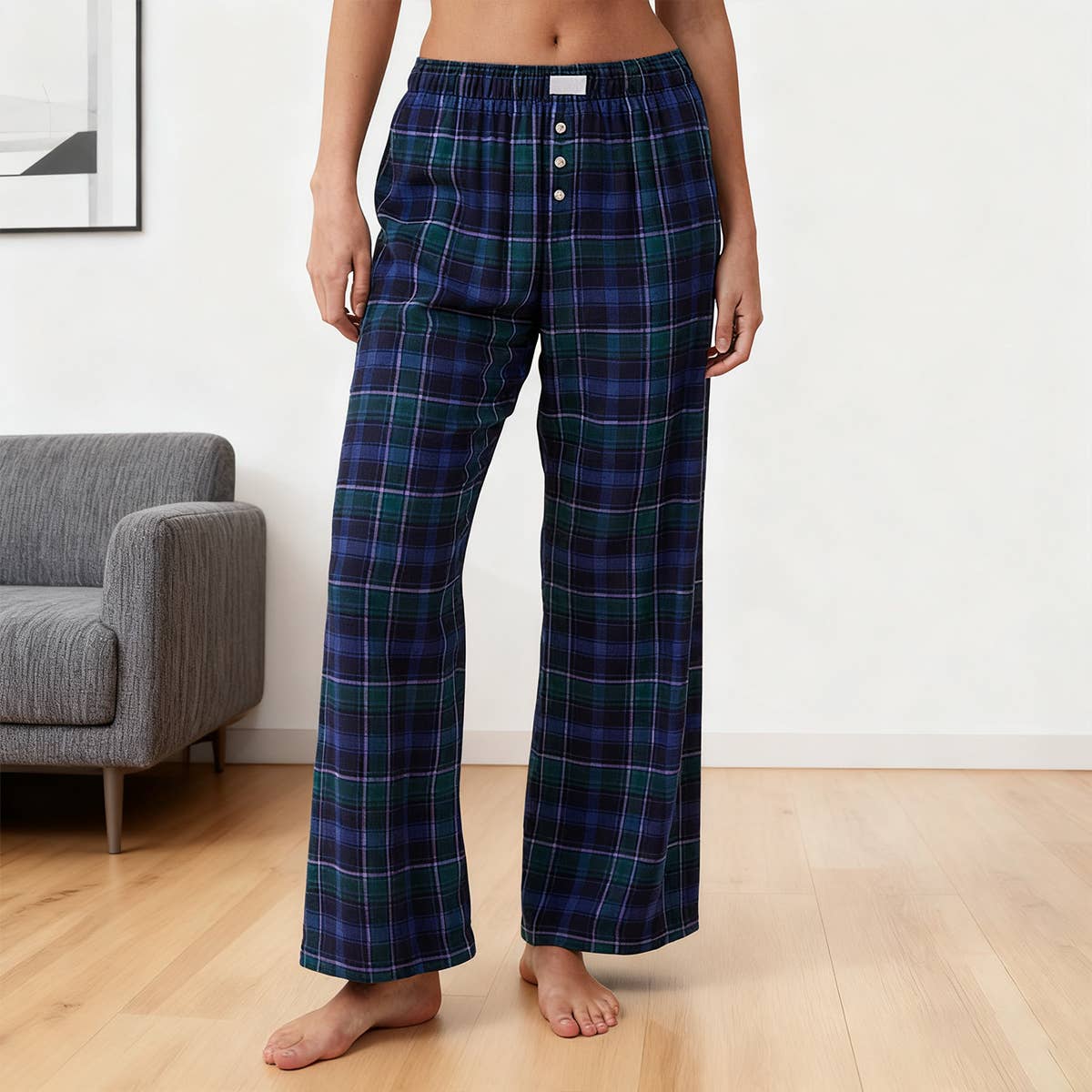 Checked printed casual straight-leg pants