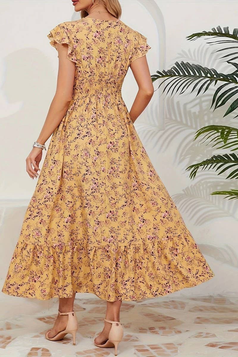 CWDMD6114_V-NECK FLORAL FRENCH STYLE SHORT SLEEVE DRESS