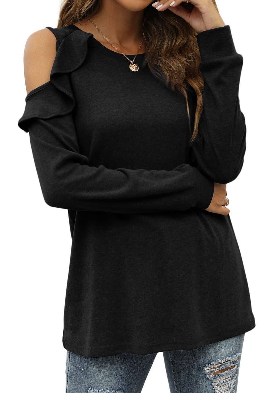 CREW-NECK, OFF-SHOULDER, RUFFLED CASUAL SWEATER