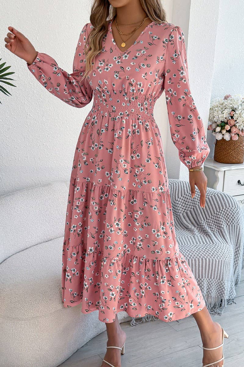 CWDMD6028_FLORAL V-NECK LONG SLEEVE RUFFLE WAIST DRESS