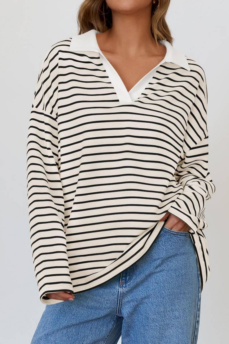 CWTBLL3674_STRIPED V-NECK LOOSE LAPEL SWEATSHIRT TOP