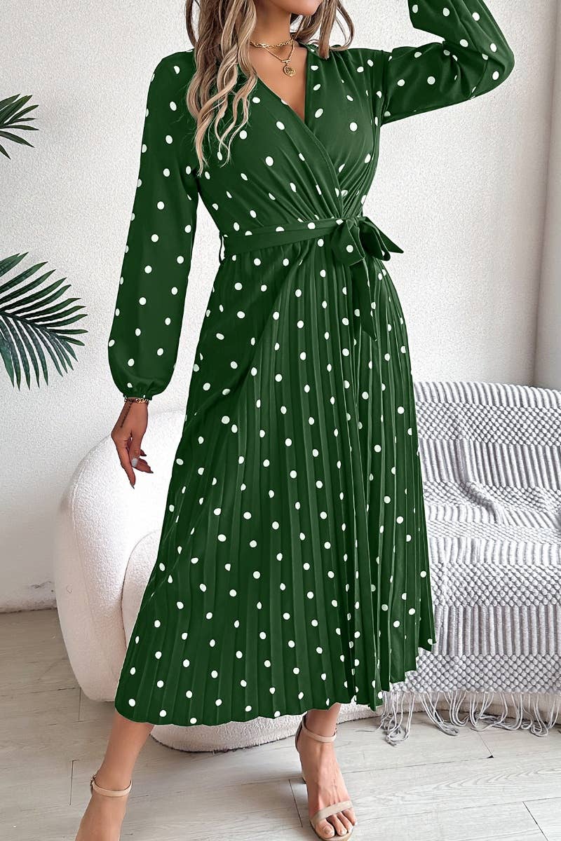 CWDMD3444_POLKA DOT CROSS V-NECK PLEATED DRESS LONG