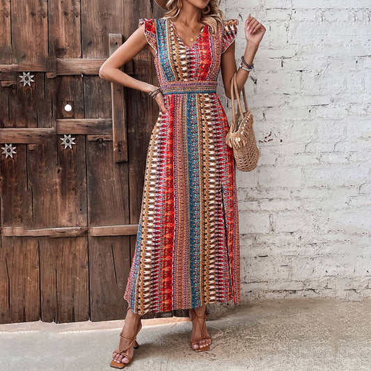 Bohemian knitted V-neck cinched waist slit dress
