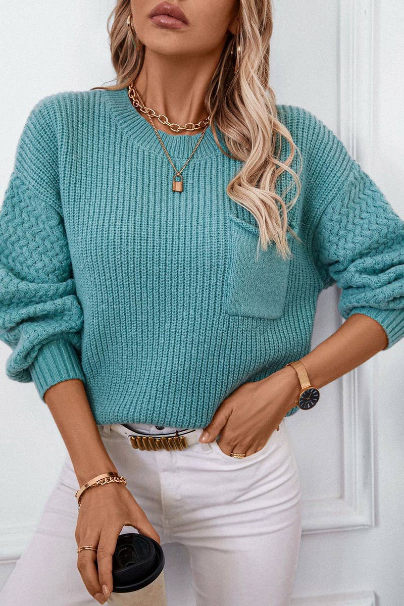 CWOSWL2838_SOLID COLOR POCKET ROUND NECK LONG SLEEVE SWEATER