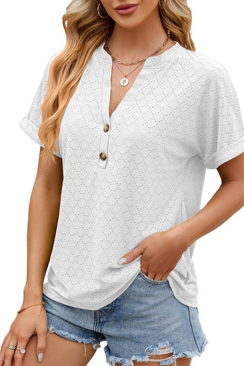 CWTTS1349_SUMMER NEW V-NECK BUTTON SHORT-SLEEVED T-SHIRT