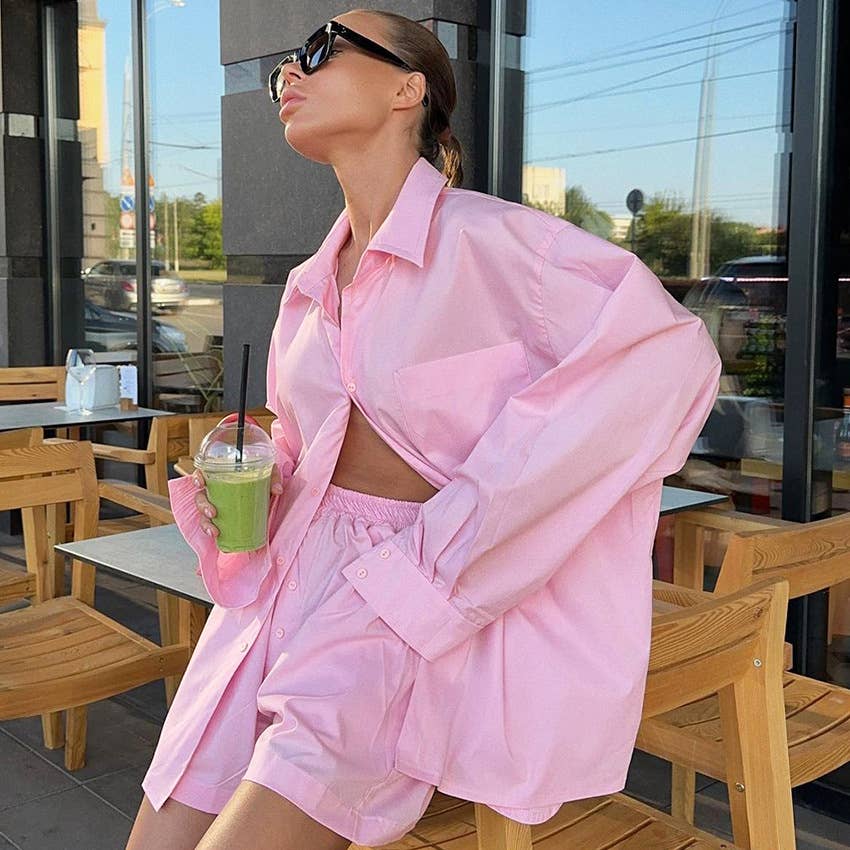 Chic solid color shirt & shorts casual set