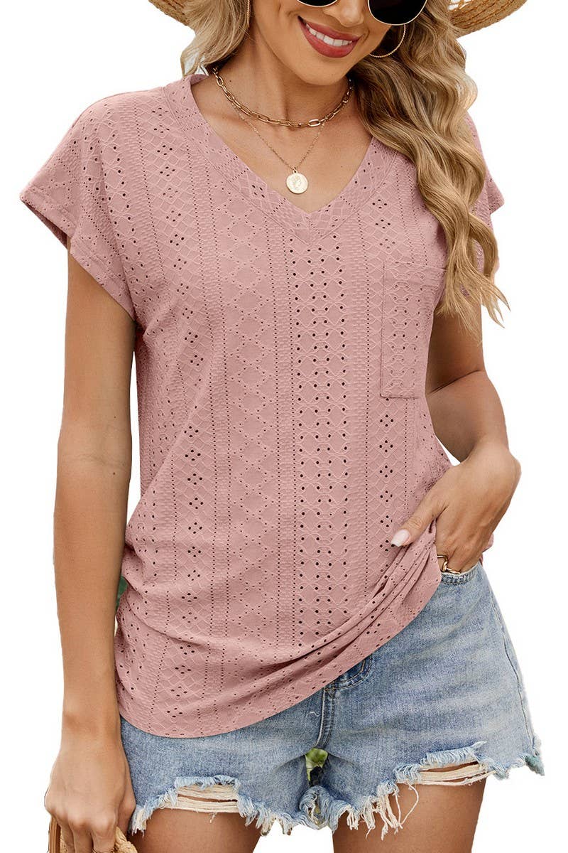 CWTBLS2283_V-NECK RUCHED SIDE POCKET SHORT SLEEVE TEE