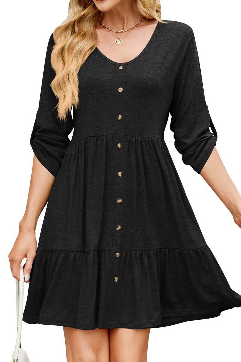 CWDSD8716_V-NECK LONG SLEEVE BUTTON FRONT LOOSE SOLID DRESS