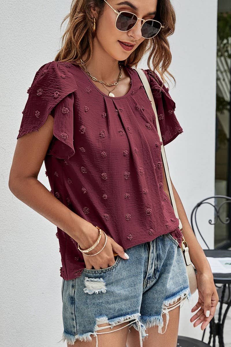 CWTBLS0342_Round neck Short Puff Sleeve Blouse