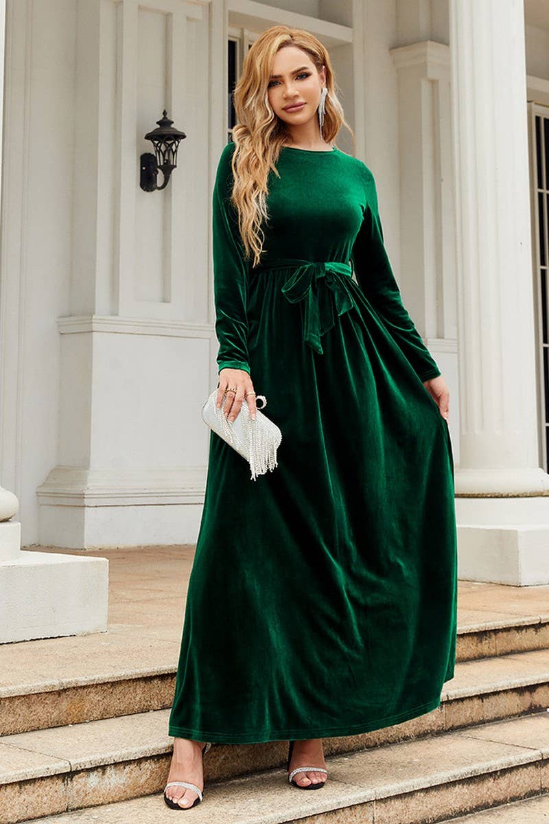 CWDMD3493_GOLD VELVET SOLID COLOR LACE-UP MAXI DRESS