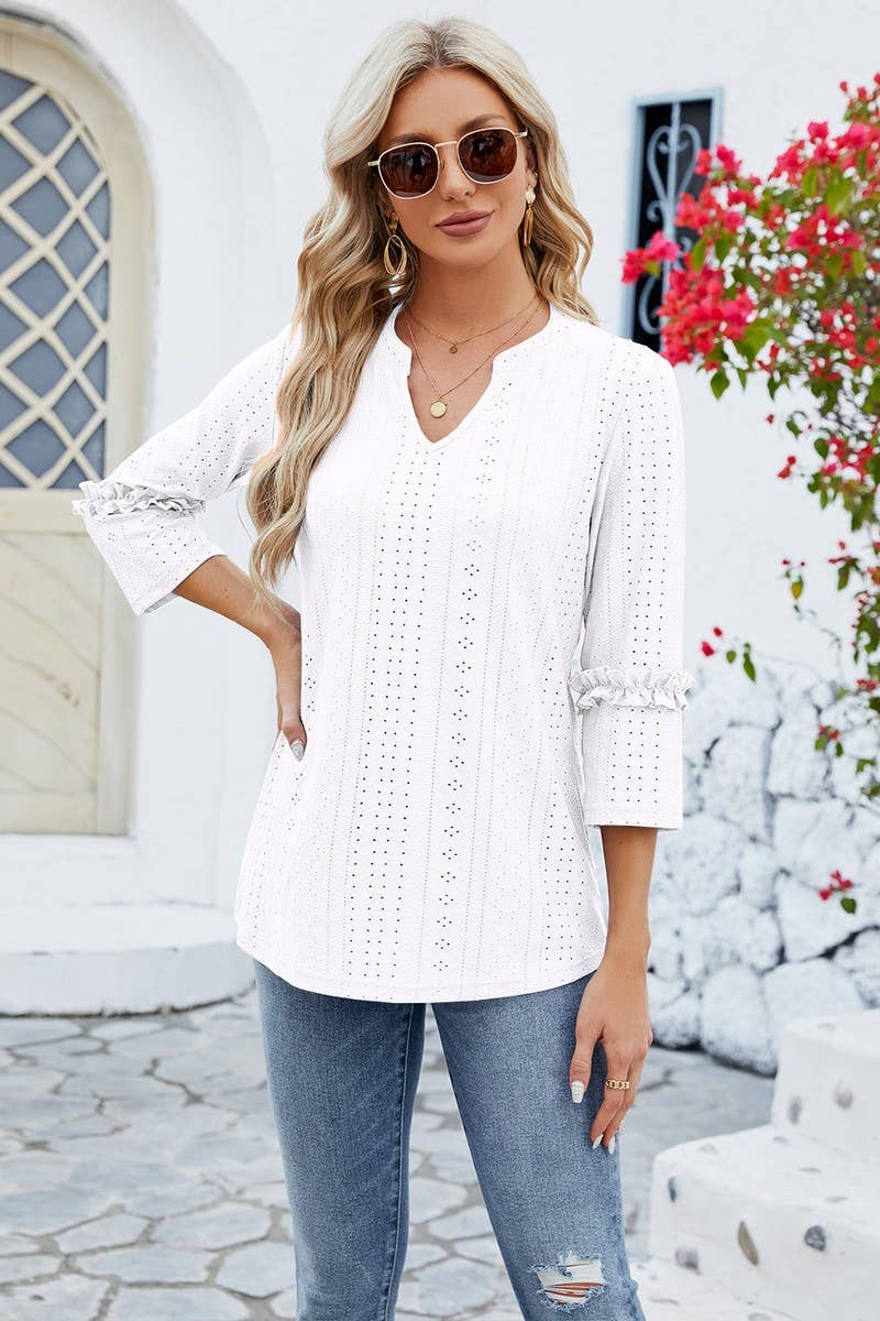 CWTTS0763_3/4 Sleeve Ruffle Detailed V-Neck  Blouse