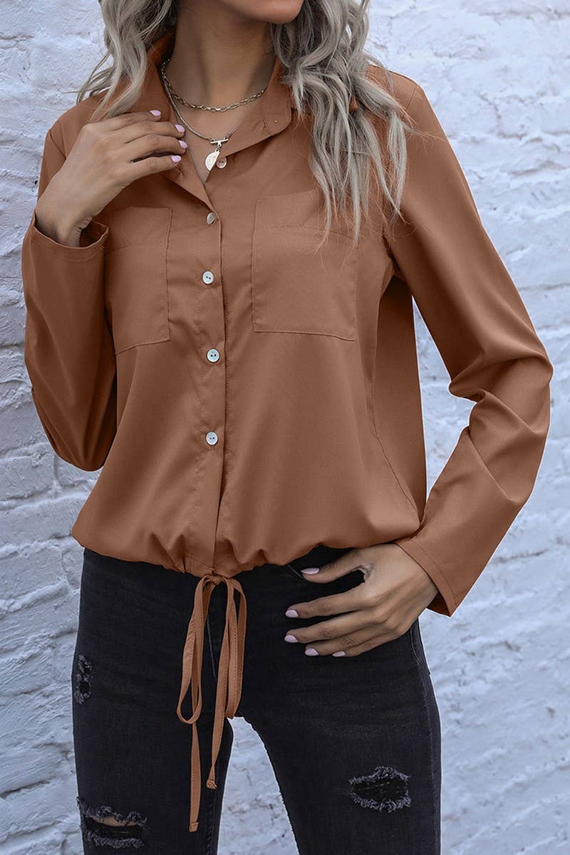 CWTSTL00958_LAPEL DRAWSTRING LONG SLEEVE SOLID SHIRT