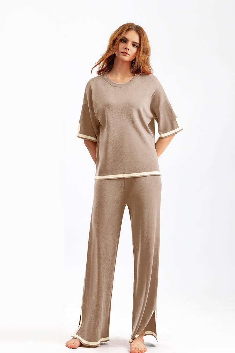 CWSTB00422_COLORBLOCK KNIT TOP & HIGH WAIST WIDE LEG SET